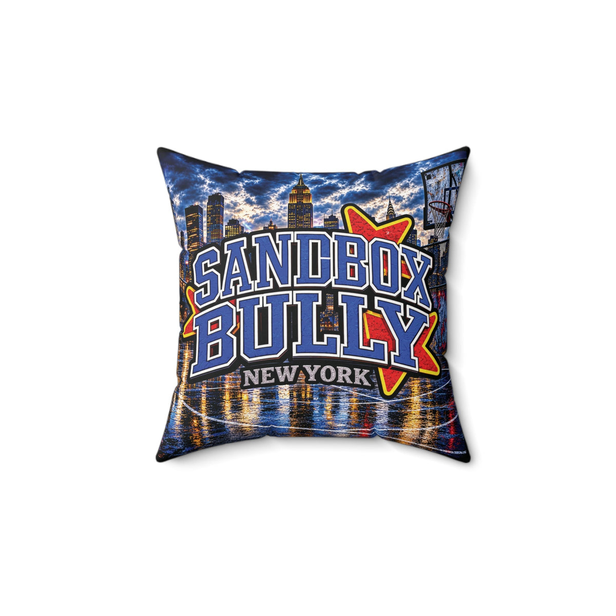 New York City skyline throw pillow with SANDBOX BULLY basketball-inspired graphic