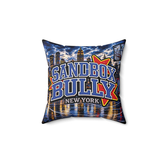 New York City skyline throw pillow with SANDBOX BULLY basketball-inspired graphic