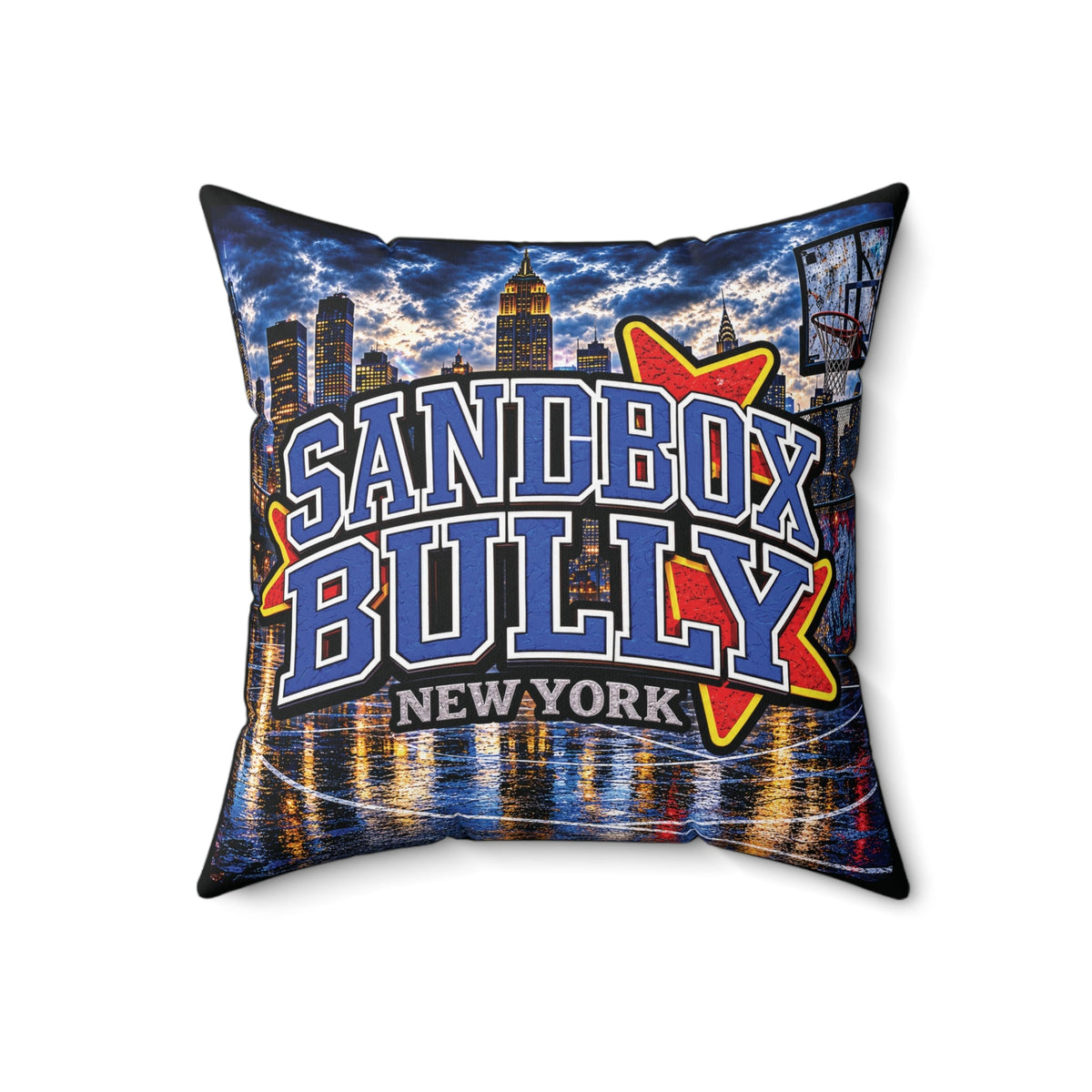 Colorful NYC skyline throw pillow with urban night artwork